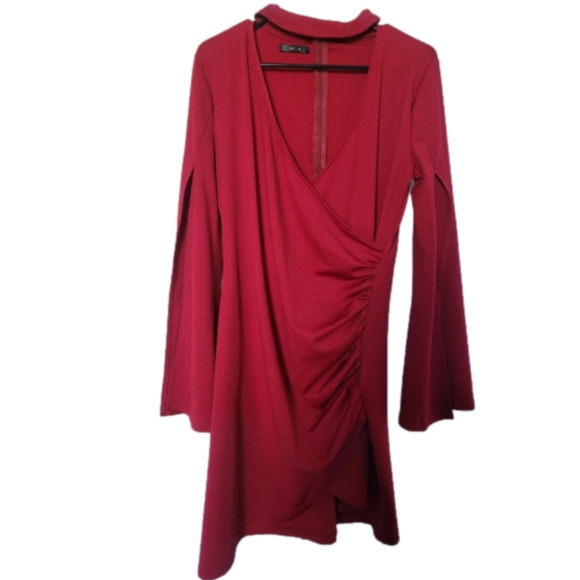*sold*Shein Wrap Ruched Split Sleeve Solid Dress Red bloggers Fav - Picture 2 of 6